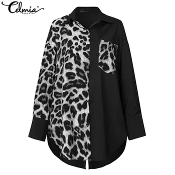 Moda Za Ženske Bluze Celmia 2021 Jeseni Dolg Rokav Asimetrični Priložnostne Srajce Svoboden Gumbi Leopard Natisnjeni Mozaik Blusas 7