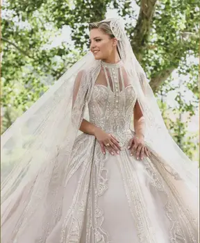 Luksuzni Dubaj Poročne Obleke 2020 Krasen Sparkly Visoko Vratu Iluzijo Vrh Poroka Oblek Haljo De Mariee