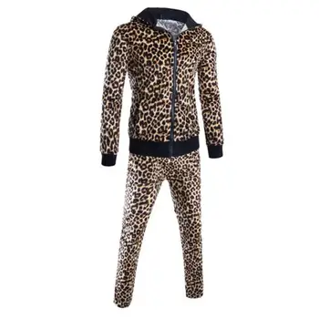 2pcs Moške Leopard Print Majica bo Ustrezala določi Modni Priložnostne Dolgimi Rokavi, Zadrgo Moški Hooded Majica + Hlače Obleko Nastavite Jeseni