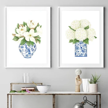 Bela Hydrangea Gardenia Modra Modra In Bela Porcelanasta Steklenico Natisne Wall Art Cvet Plakat, Slikarsko Platno, Slike, Doma Dekor