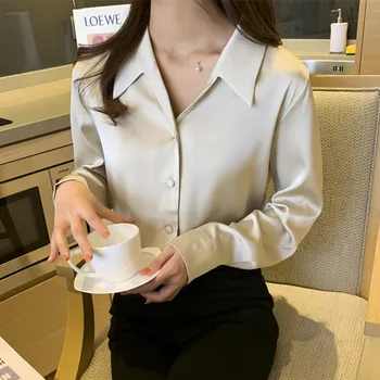 Korejski Svile Ženske Majice Ženske Saten Bluzo Ženska V Vratu Svileno Srajco OL Vintage Bluze Elegantna Ženska Bele Majice, Vrhovi Plus Velikost