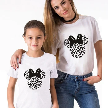 Zabavne Majice Gril Minnie Mouse Glavo Bowknot Leopard Tiskanja Priložnostne Mama in Hči Vrhovi Tee Harajuku Družino Ujemanje Oblačila