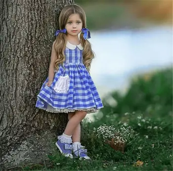 Malčka Otroci Baby Girl Oblačenja 2020 Poletje Brez Rokavov Modra Kariran Brez Rokavov Peter Pan Ovratnik Priložnostne Obleke Obleke Sweet Princess