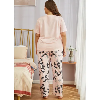 Ženske pomlad jesen plus velikost pižame za ženske, kratek rokav roza print majica s kratkimi rokavi in dolge hlače domov nositi obleko 4XL 5XL 6XL 7XL