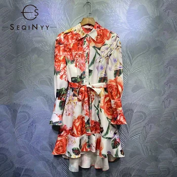 SEQINYY Siciliji Shirt Obleko Poletje Pomlad Novo Modno Oblikovanje Ženske vzletno-pristajalne Steze Rose Tiskanja Cvetovi Ruffles Pasu Mini Priložnostne