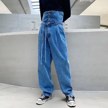 IEFB /oblačila za moške korejski zložiti visoka vitka oblika blue jeans nišo, široko noge traper hlače za moške 2021 trendy nove hlače Y3390