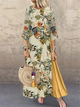 Pomladni Vintage DressFloral Tiskanja Midi Dolgo Nezakonitih Obleko 3/4 rokav, rokav okrogle ovratnik ramije cottonPlus Velikost 5XL obleko