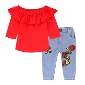 Modni Slog za Dekleta z Dolgimi Rokavi Rdeče majice + Cvetlični Jeans Hlače V Jeseni Springsets otroška Oblačila, ki ST318