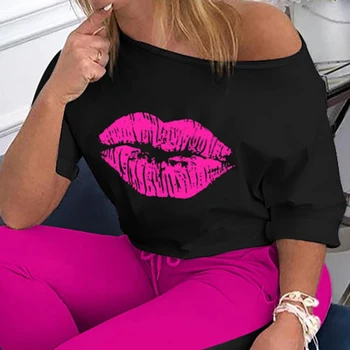 Ženske Ustnice Tiskanja Trenirko določa Lady 2020 Poletje seksi ramenski 2pcs nastavite Elegantno bluzo+Elastični Pas, Dolge Hlače Določa
