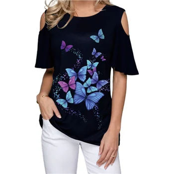 2020 Poletje Tshirt Ženske Off Ramenski 3D Metulja Print Majica s kratkimi rokavi za Priložnostne Kratek Rokav Svoboden Vrhovi Plus Velikost S-5XL Modna Oblačila