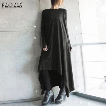 Vintage Asimetrična Obleka Ženske Jeseni Sundress ZANZEA 2021 Priložnostne Dolg Rokav Maxi Vestidos O Ženski Vratu Haljo Plus Velikost