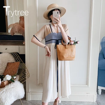 Trytree 2020 Poletje Ženska Priložnostne Obleko Proti-vrat Mozaik A-linija 2, Barva Visoko Pasu Zadrgo, Modne Elegantno Kitajski stil Oblačenja