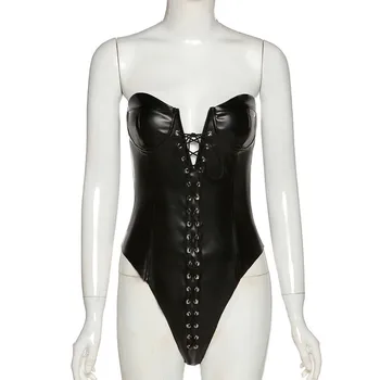 2020 Pozimi PU igralne obleke Ženske Jumpsuits Sexy Klub brez Rokavov Suh Slim Backless Moda Povoj Trdna Bodycon Ženski Bodysuits