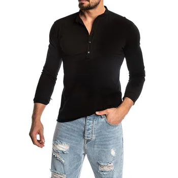 Moda za Moške Barva Dolg Rokav O-vratu T-majice 2019 Novo Mens Priložnostne Slim Fit Henley Majice Majica Joggers Vrhovi