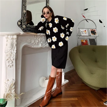 Ženske 3D Daisy Black Puloverji Pade Pozimi Moda Nove Priložnostne Razsuta prepleteno mrežo Ženski Puloverji Japonskem Slogu Ulične Pulover Vrhovi
