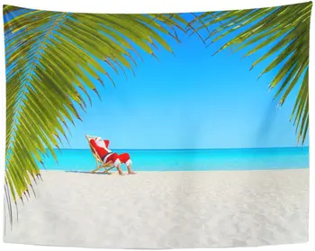 Božič Santa Claus Sproščujoče na Sunlounger na Ocean Peščena Tropski Plaži Pod Palmami, Listi Srečno Novo Tapiserija, Doma Dekor Steno