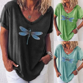 Moda za Ženske Poletje Kratek Rokav Proti Vratu Dragonfly Tisk Svoboden T-shirt Bluzo