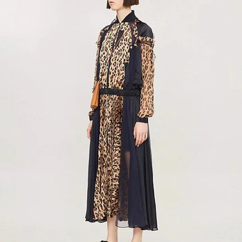 TWOTWINSTYLE Leopard Hit Barve Obleko Za Ženske Stojalo Ovratnik Visoko Pasu Ruffle Obleke Ženska 2020 Jeseni, Pozimi Moda Nova
