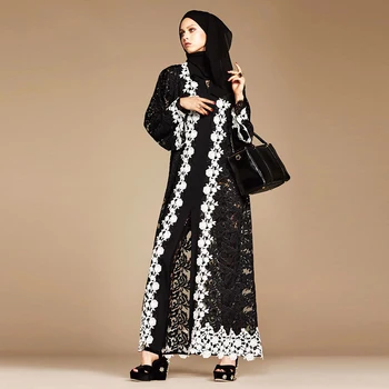Črne Čipke Tam Kaftan Abaya Dubaj Kimono Hidžab Muslimansko Obleko Abayas Za Ženske Caftan Maroc Ramadana Islam Oblačila Haljo Musulman Femme