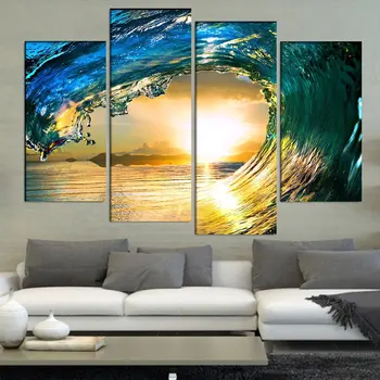 Modro morje, Val 4 Kos/nastavi Platno Umetniško Platno Slike 4 Plošče HD Okraski Za Dom Wall Art Natisne Platnu brez okvirja\A496