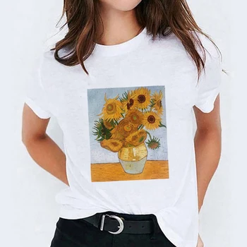 Ženske Sončnično Slikarstvo Vrhovi Priložnostne Lady Ženska T-Shirt Tees Tiskanje O-vratu Camisas Estetske Harajuku T Shirt majice