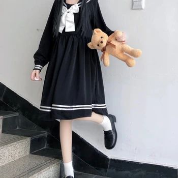 2020 Japonski Šoli Srčkan Slog Lolita Ženske Obleke Kawaii Lok Sladko Mornar Ovratnik Poln Rokav Vintage Visoko Pasu Študent Obleko