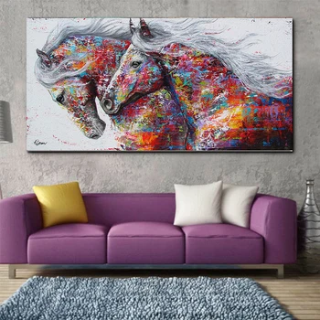Povzetek Pisane Dve Teče Konj Platno Slikarstvo Plakatov in Fotografij Wall Art Živali Slike Cuadros za Dnevna Soba Dekor
