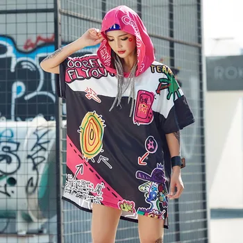 2020 Hip Hop Dolgo Vrh Poletje Evropi Moda Grafiti Ulica Ženski Svoboden Tisk Dolgo majica s kratkimi rokavi Ženske, Kratek Rokav, O-Vratu Tees