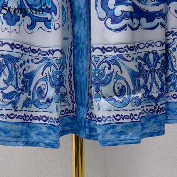Svoryxiu Poletje Nov Modni Stezi Midi Obleke, Ženske Špageti Trak Modre Baročno Natisnjeni Priložnostne Obleko Vestidos