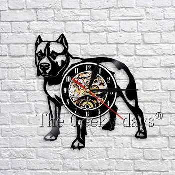 Pitbull Pes Silhueto 3D Stenske Ure Ustvarjalne Vinil Zapis Wall Art Dekor Ura Živali Dekorativni Darilo Za Pes Ljubimec