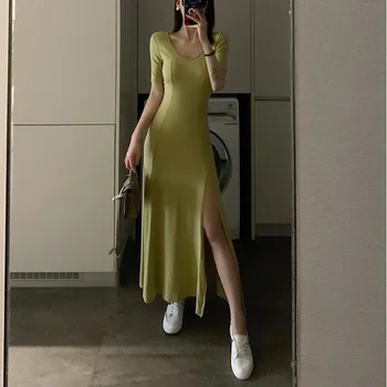 Ženske Modne Bodycon Obleko Poletje Nove Seksi Strani Split Barva Slim Maxi Obleka Ženska Korejski Priložnostne Obleko Plaži