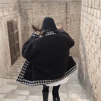 Volnene plašč ženske jeseni in pozimi leta 2020 novo črno korejski slog obleko windbreaker houndstooth volna, dlaka parkas