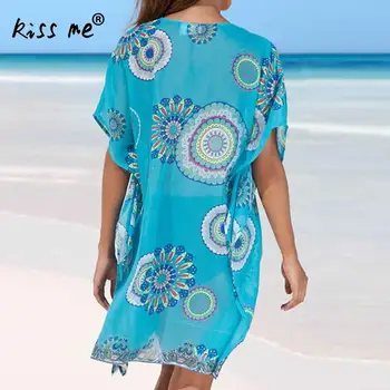 Vintage čipke v vratu plaža obleko votlih plaži prikriti, šifon ženska tunika modra natisnjeni cvet plažo poletje za ženske