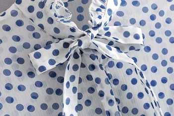 LUNDUNSHIJIA Blusas 2019 Pomlad Moda Modre Pike Natisnjeni Bluzo Ženske Pregleden Šifon Vrh Čipke-up Ovratnik Svoboden Ženska Majica