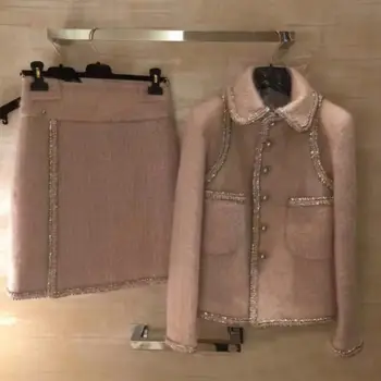 Francoski stil vinatge majhna dišava pearl beloprsi singl volnene jakna+mini krilo, dva kosa določa ženske