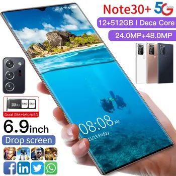 Novo Note30+ 6.9 Palčni Full Screen 512GB Dual SIM 10 Jedro Pametnih Telefonov Obraza, Prstnih ID 6000mAH Andriod 10.0 Mobilni Telefon MTK6889