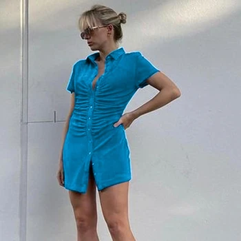 Fantoye Modra Zavoj Navzdol Ovratnik Ruched Shirt Obleko Za Ženske 2021 Elegantno Kratek Rokav Suh Mini Obleka Trdna Slim Bluzo Vestido