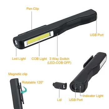 2PCS COB LED Svetilka Magnetni Delo Svetilke USB Polnjenje Baklo Pregled Žarnice Sponka Penlight Zunanja Razsvetljava