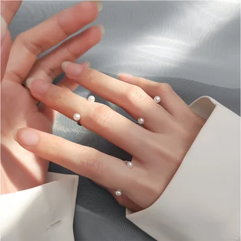WANTME S925 Srebro korejski Moda 3 mm/4 mm Pearl Nasmeh Odprite Prst Prstan za Ženske Bohemian Elegantna Stranke Sterling Srebrni Nakit