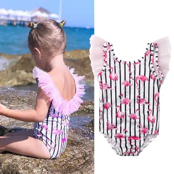 Otroci Malčke Baby Dekleta Prugasta Flamingo Print Bikini Kopalke, Kopalke
