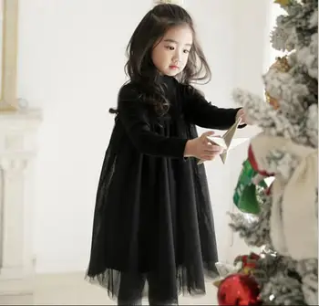 2020 Pozimi, Jeseni Dekleta Gaza Neto preja Preplete Dolg Rokav Osnovna Obleko Otrok Turtleneck Črna Princesa Stranka Obleko