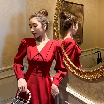 Rdeča Elegantna Božič Obleko Ženske Jeseni Priložnostne Retro Stranka Midi Obleko Ženski Slim Hepburn Elegantna Korejski Obleki Ženske 2020 Nova