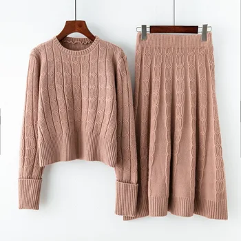 2 delni komplet ženske mode dolgo sleeved ohlapen pulover in half-length krilo nastavite jeseni nov pulover, jopica, pulover ženske elegantno obleko