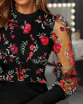 Vrhovi žensko Bluzo O-Vratu Letnik Dame, Oblačila, Casual Mehko Udobno Bluze za Ženske Črna Fashion Lace Cvetlični Oblačila