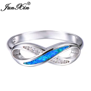 JUNXIN Blue Fire Opal Infinity Obroči Za Ženske, Belo Zlato, ki je Napolnjena Črke 8 Oblikovan Val Obroč Cirkon Mavrica Birthstone Jewlery