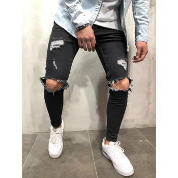 Moda Ulične Moške Jeans Letnik Modro Sive Barve, Suh Uničeno Ripped Kavbojke Zdrobljen Priložnostne Hlače Homme Hip Hop Kavbojke Moški