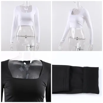 TiulZial Black Ženske Obreži Zgoraj Dolg Rokav Kvadratnih Ovratnik Kratke Majica 2020 Runo Jesen Beli Tee Moda Osnovne Vrh Lady
