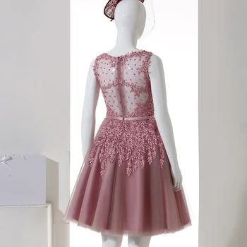 Cocktail Obleka Malo Appliques Beading Pink Poroka Formalnih Obleke, Rože Iluzijo Koleno Dolžina Ženske Stranka Halje 2019 LX073-2