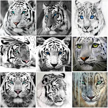DIY 5D Diamond Slikarstvo White Tiger Diamond Vezenje Celoten Krog Vaja Smolo Živali Navzkrižno Šiv Mozaik Home Decor Art Darilo