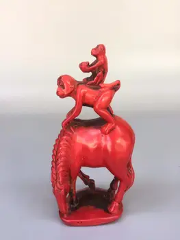 Zbirka Kitajski Rdeče Korale Vklesan Opica Jahanje Konj Pošiljanje Bogastvo, Denar, Srečo Živali Kip Doma Dekoracijo